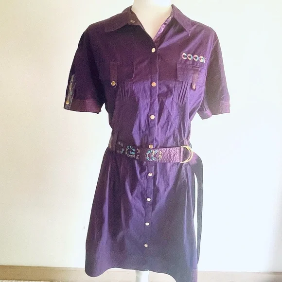 Coogi Purple Snap Front Rhinestone Embellished Belted Shirt Dress sz 1X NEW - Picture 1 of 12